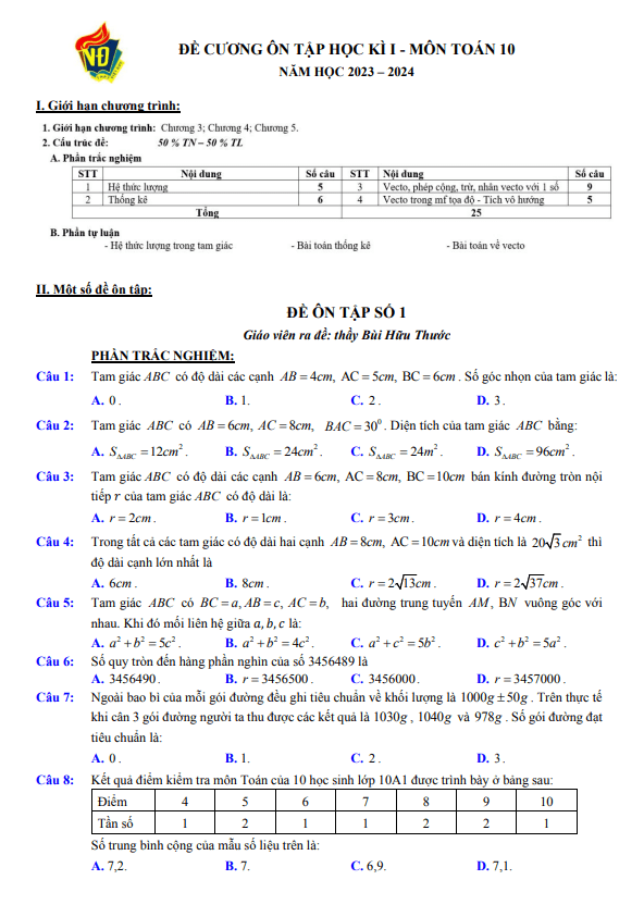 04 đề ôn tập cuối kì 1 toán 10 năm 2023 – 2024 trường thpt việt đức – hà nội