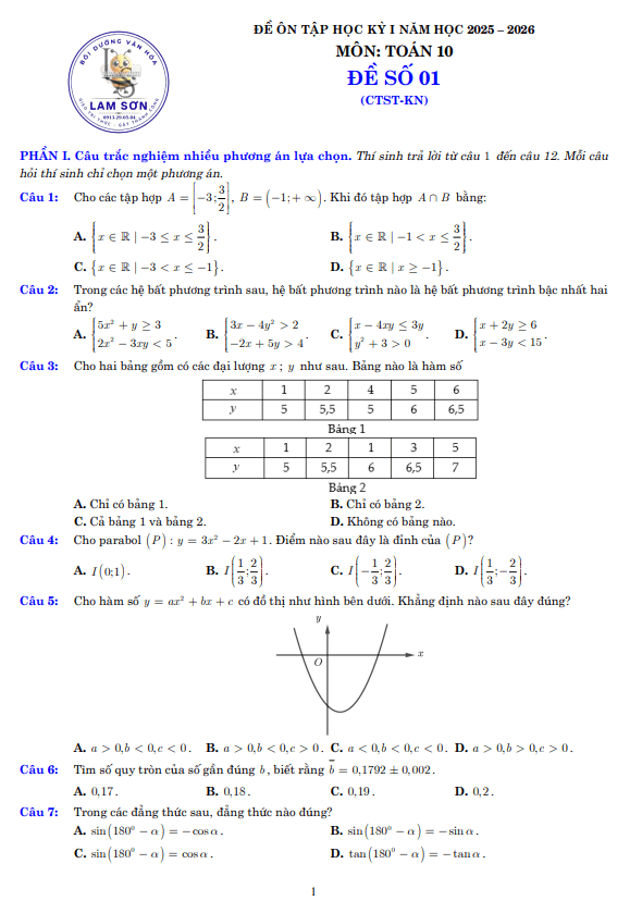 05 đề ôn tập cuối kỳ 1 toán 10 năm học 2025 – 2026 cấu trúc 3-2-2-3