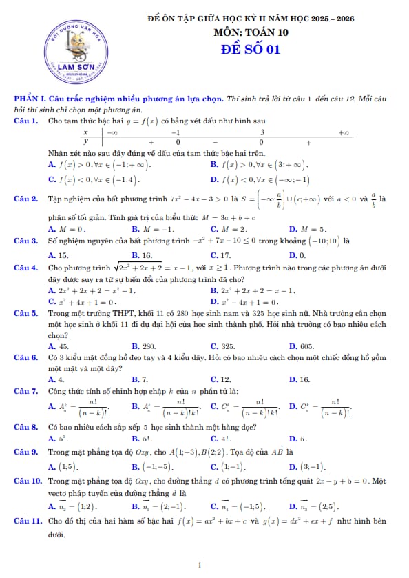 05 đề ôn tập giữa học kỳ 2 môn toán 10 năm 2025 – 2026 có đáp án và lời giải