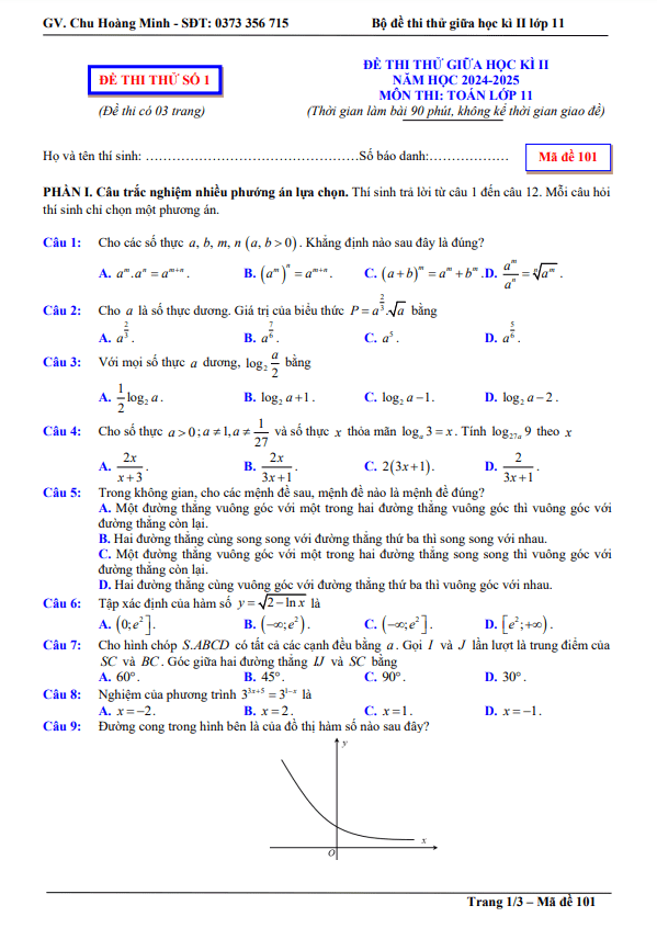 05 đề thi thử giữa học kì 2 môn toán 11 năm học 2024 – 2025 có đáp án