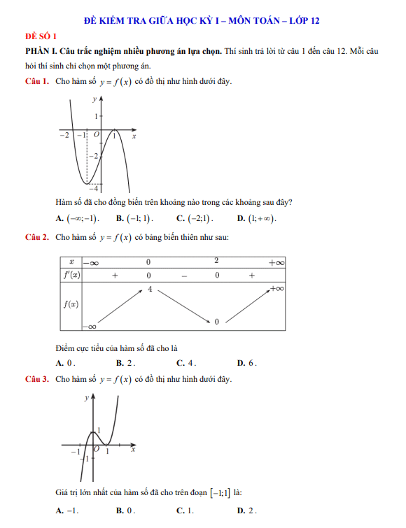 08 đề kiểm tra giữa học kỳ 1 toán 12 cấu trúc trắc nghiệm mới