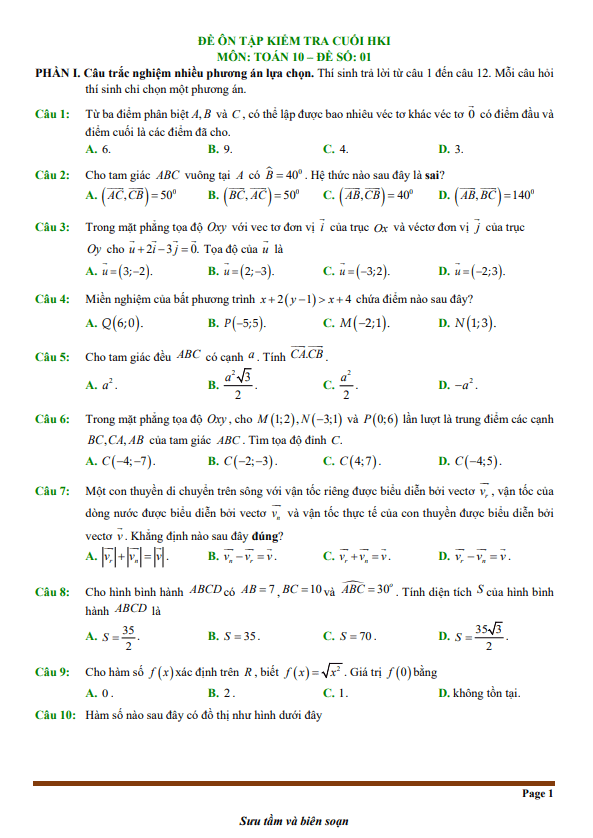 10 đề ôn tập cuối học kì 1 toán 10 ctst cấu trúc trắc nghiệm mới