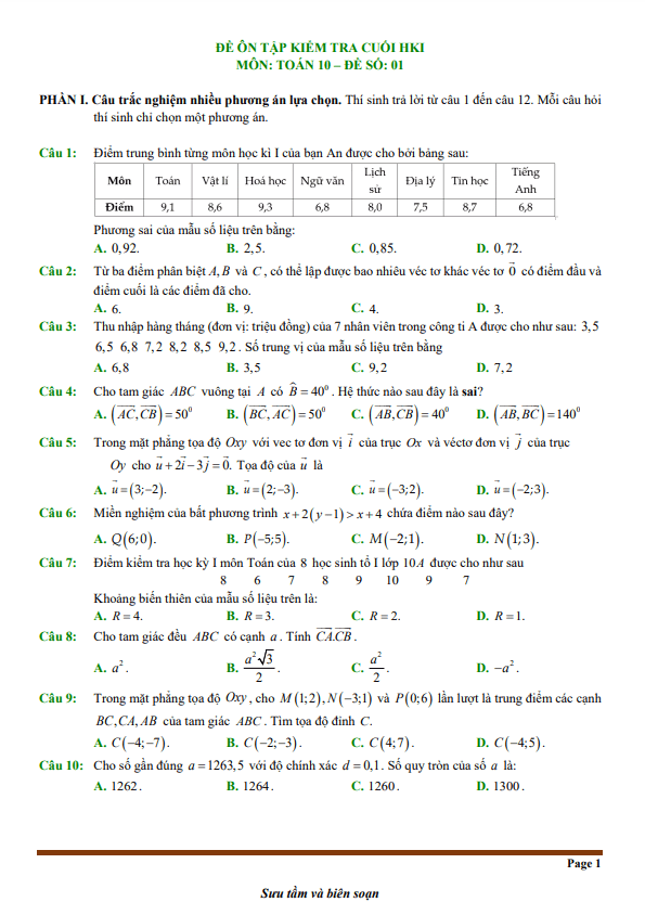 10 đề ôn tập cuối học kì 1 toán 10 knttvcs cấu trúc trắc nghiệm mới