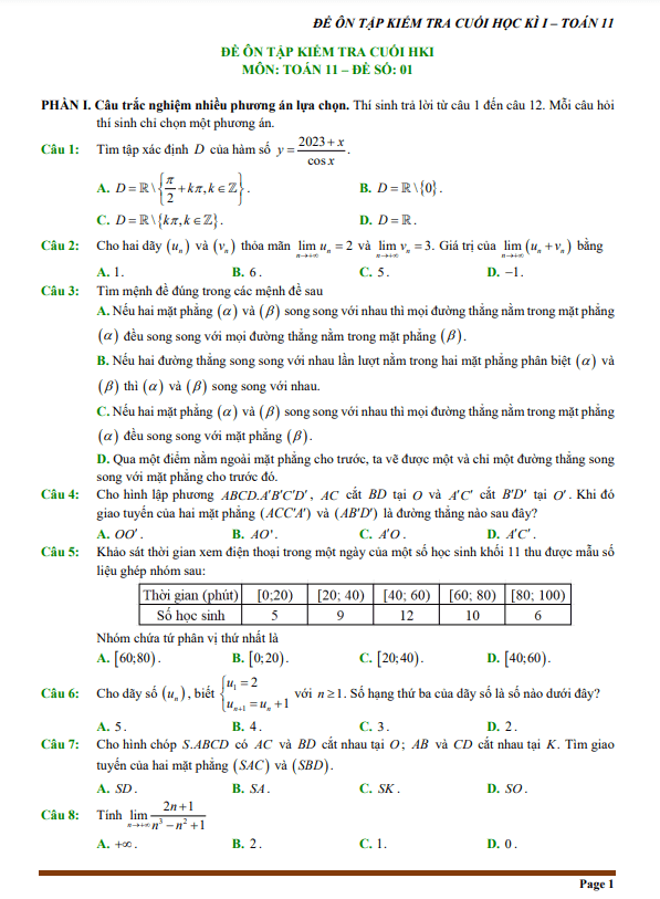 10 đề ôn tập cuối học kì 1 toán 11 ctst cấu trúc trắc nghiệm mới
