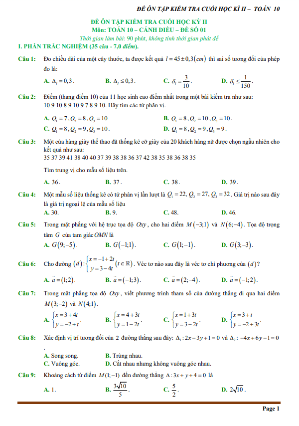 10 đề ôn tập cuối học kì 2 toán 10 cánh diều (70% tn + 30% tl)