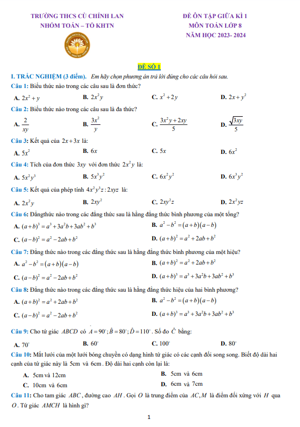 10 đề ôn tập giữa kì 1 toán 8 năm 2023 – 2024 trường thcs cù chính lan – thanh hóa
