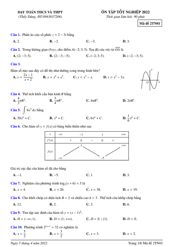10 đề ôn tập thi tốt nghiệp thpt môn toán năm học 2021 – 2022