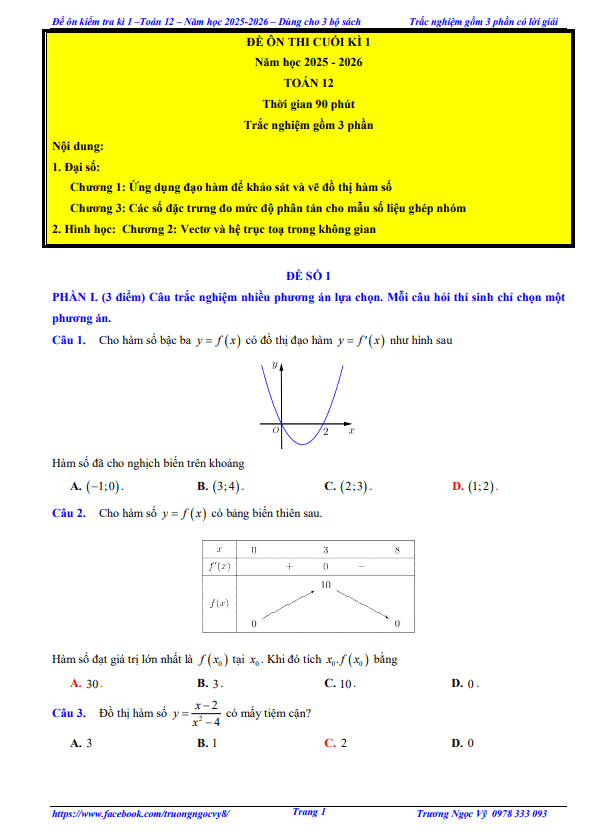 10 đề ôn thi cuối kì 1 toán 12 năm học 2025 – 2026 – trương ngọc vỹ