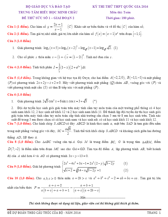10 đề thi thử quốc gia 2016 môn toán trung tâm hiếu học minh châu – giai đoạn 2
