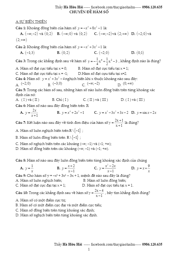 100 bài tập trắc nghiệm chuyên đề hàm số có đáp án – hà hữu hải
