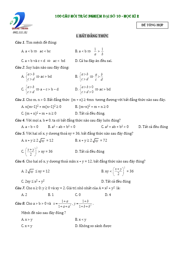 100 câu hỏi trắc nghiệm đại số 10 học kỳ 2 – trần quang thuận