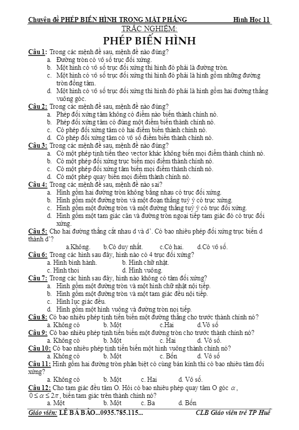 100 câu trắc nghiệm phép biến hình trong mặt phẳng – lê bá bảo