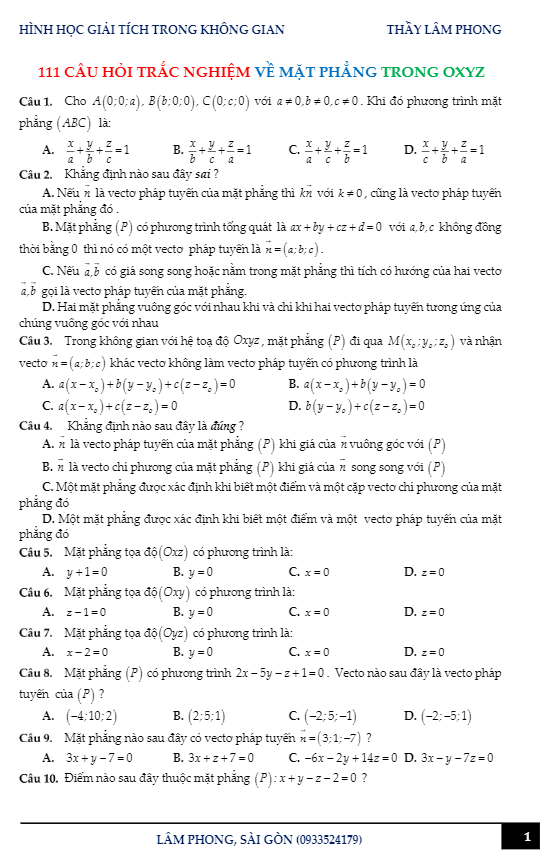 111 câu hỏi trắc nghiệm về mặt phẳng trong oxyz – hứa lâm phong