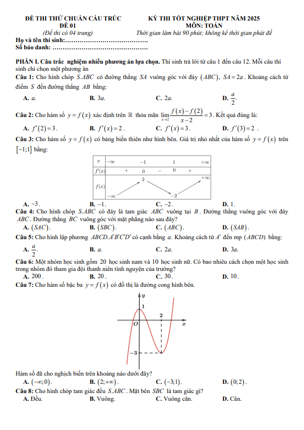 12 đề thi thử bám sát cấu trúc đề tham khảo tn thpt 2025 môn toán