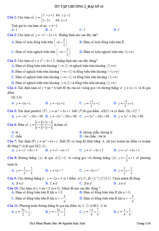 126 bài tập trắc nghiệm hàm số bậc nhất và hàm số bậc hai có đáp án – phan phước bảo
