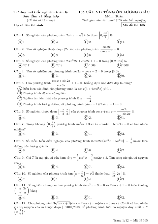 135 câu vận dụng cao hàm số lượng giác và phương trình lượng giác ôn thi thpt môn toán