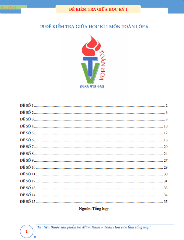 15 đề kiểm tra giữa học kì 1 môn toán lớp 6