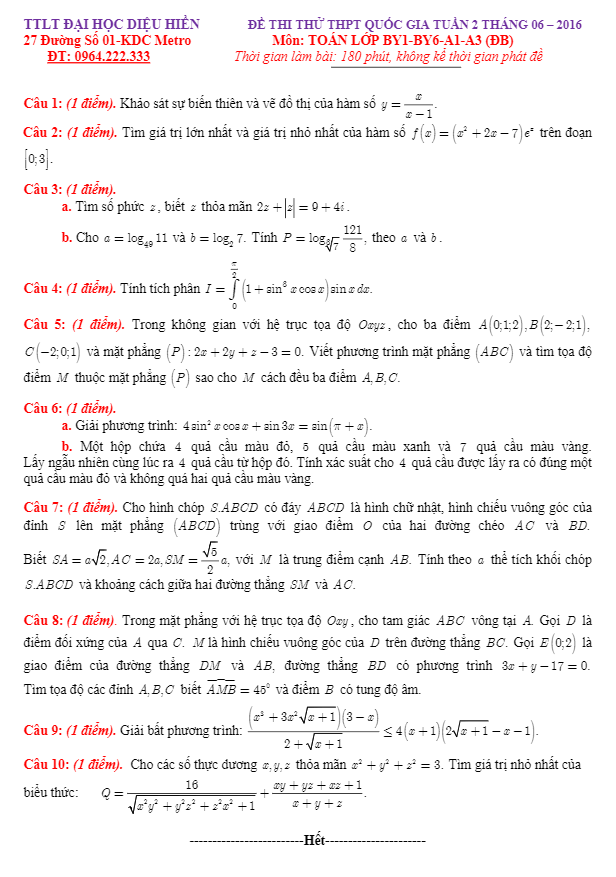 16 đề thi thử quốc gia 2016 môn toán trung tâm ltđh diệu hiền – cần thơ