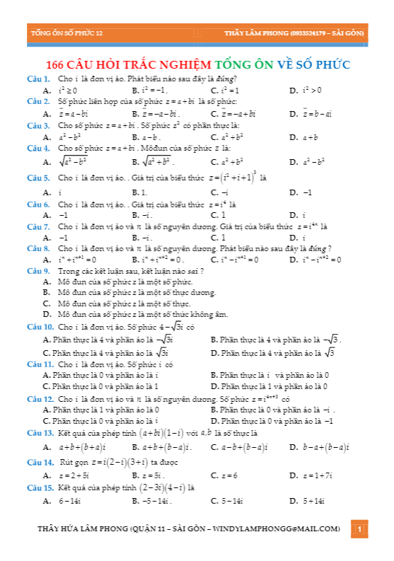 166 câu hỏi trắc nghiệm tổng ôn về số phức – hứa lâm phong