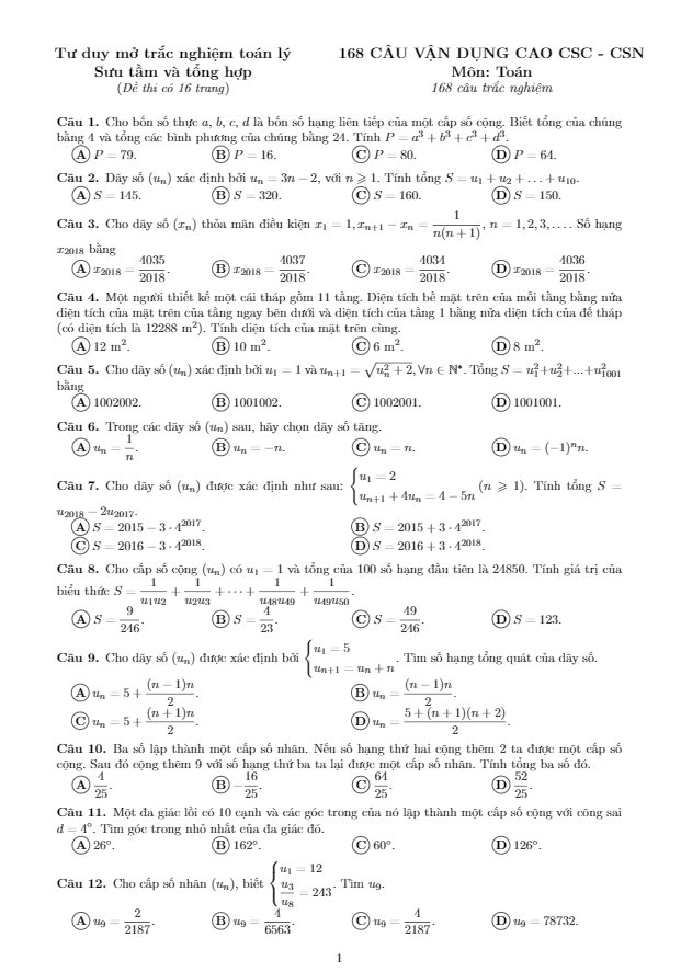 168 câu vận dụng cao dãy số, cấp số cộng và cấp số nhân ôn thi thpt môn toán