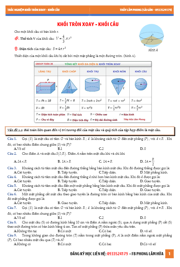 186 bài tập trắc nghiệm mặt cầu, hình cầu và khối cầu – hứa lâm phong