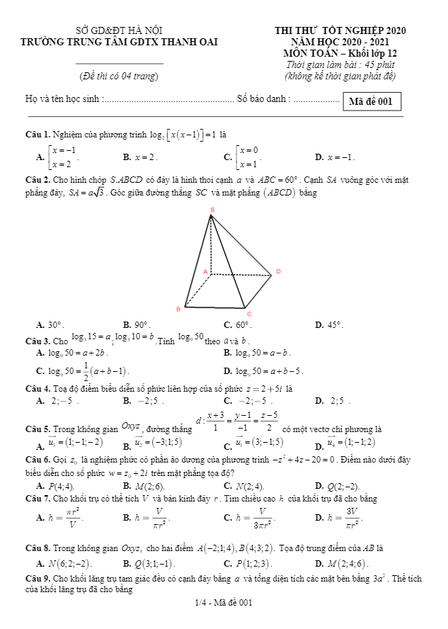 20 đề ôn thi tốt nghiệp thpt 2020 môn toán trung tâm gdtx thanh oai – hà nội