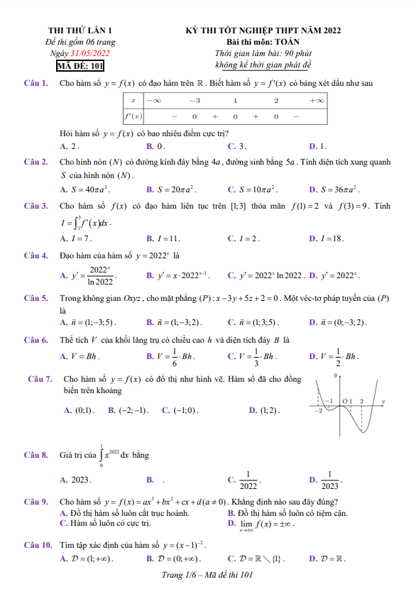 20 đề thi thử tốt nghiệp thpt 2022 môn toán có đáp án và lời giải chi tiết
