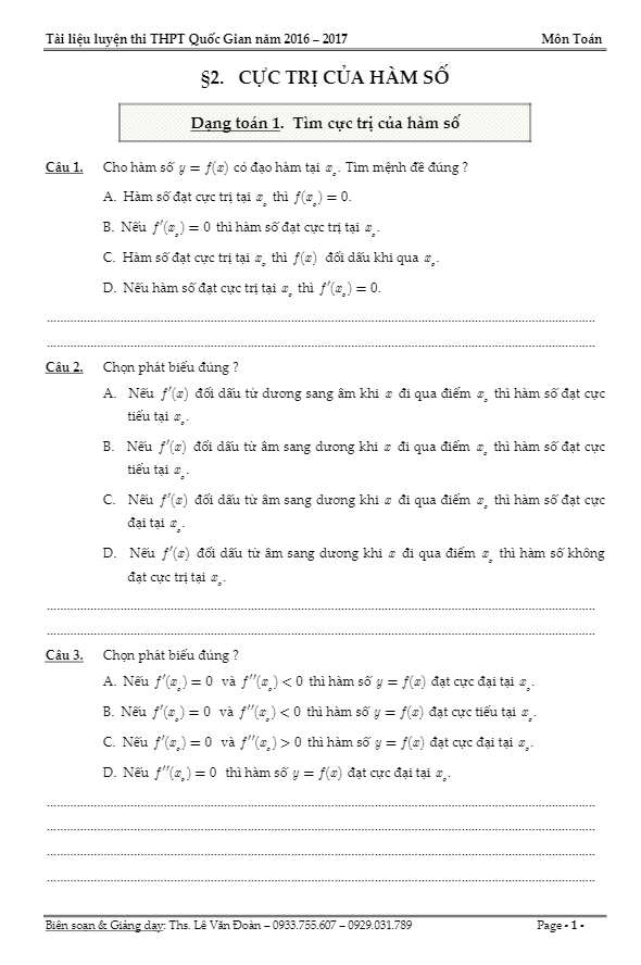 200 bài trắc nghiệm cực trị của hàm số – lê văn đoàn