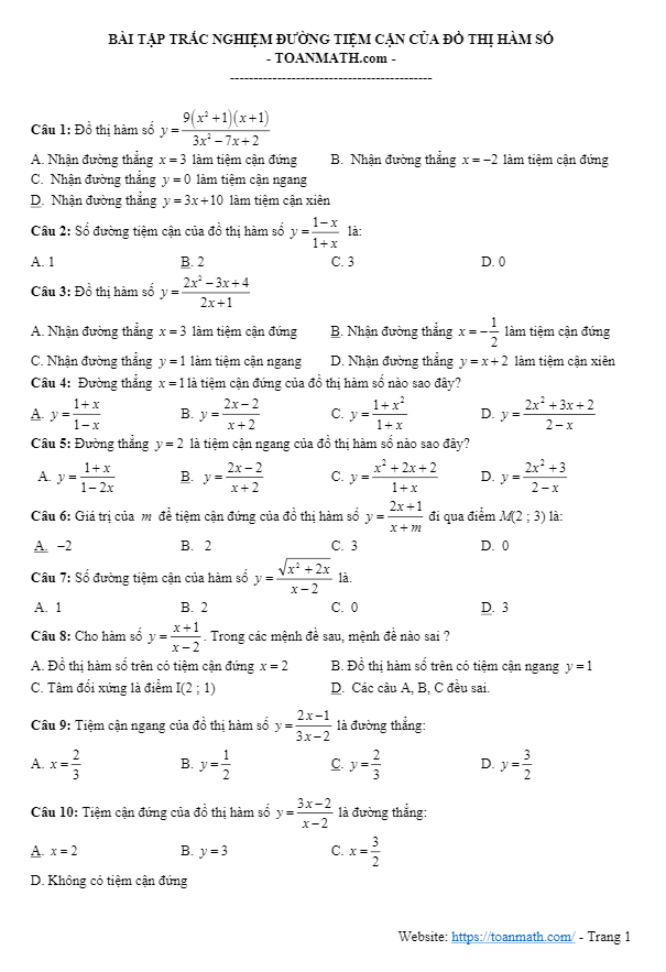 246 bài tập trắc nghiệm đường tiệm cận của đồ thị hàm số có đáp án