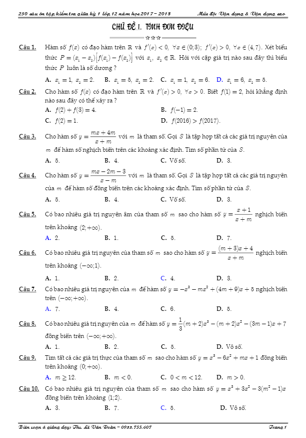 250 câu hỏi mức độ vận dụng và vận dụng cao ôn tập kiểm tra giữa học kỳ 1 toán 12 – lê văn đoàn