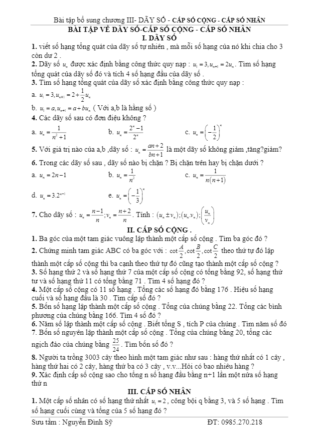 30 bài tập cấp số cộng và cấp số nhân nâng cao – nguyễn đình sỹ