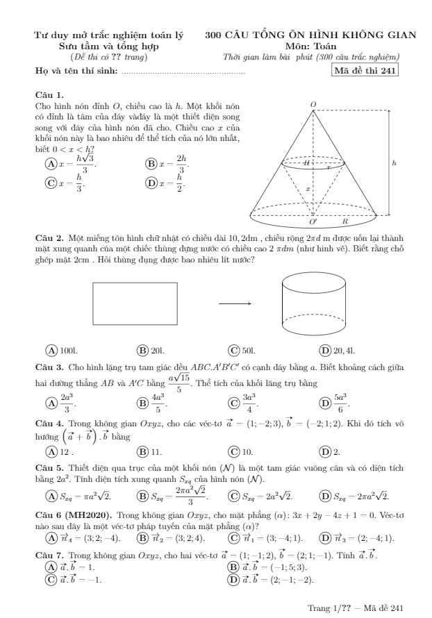 300 câu trắc nghiệm hình học không gian ôn thi thpt môn toán