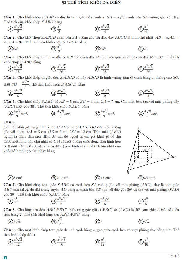 3296 bài tập trắc nghiệm thể tích khối đa diện có đáp án
