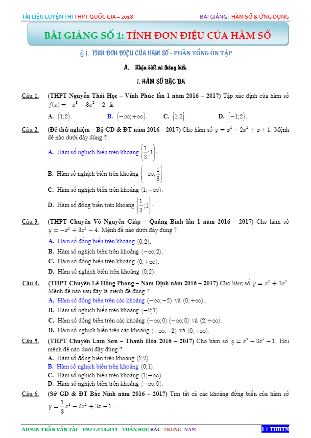 361 bài tập trắc nghiệm tính đơn điệu của hàm số có đáp án – trần văn tài