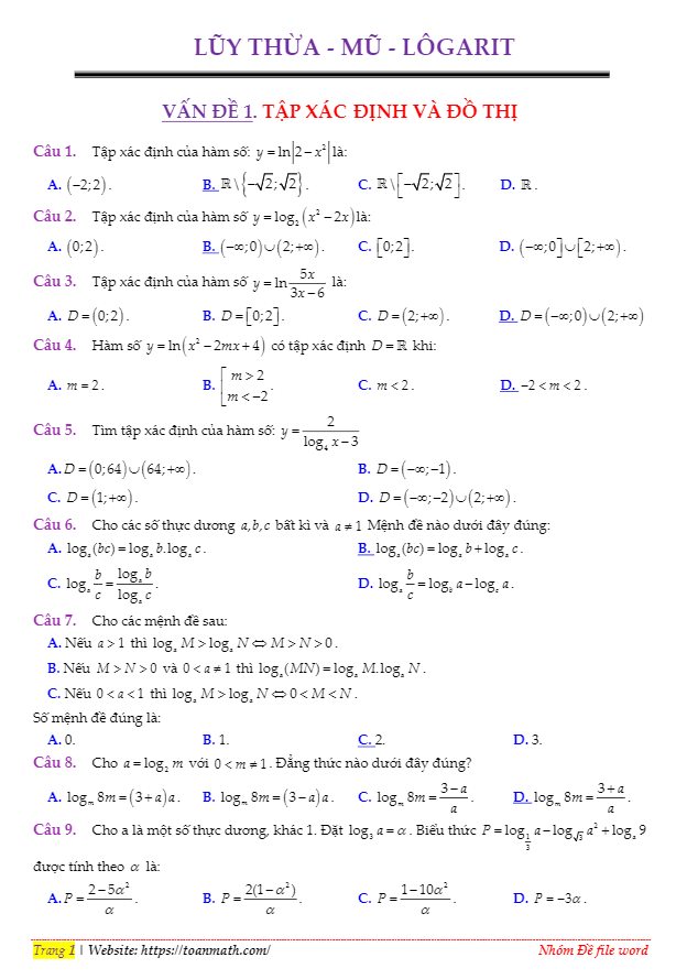 369 bài toán trắc nghiệm chủ đề lũy thừa, mũ và logarit có lời giải chi tiết