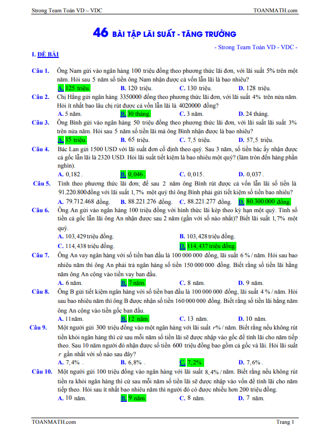 46 bài tập lãi suất – tăng trưởng có đáp án và lời giải chi tiết