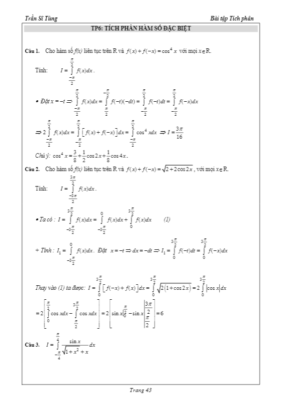 5 bài tập tích phân dạng đặc biệt có lời giải – trần sĩ tùng