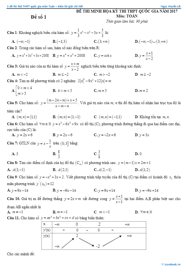 5 đề minh họa kỳ thi thpt quốc gia 2017 môn toán có giải chi tiết – vũ ngọc huyền