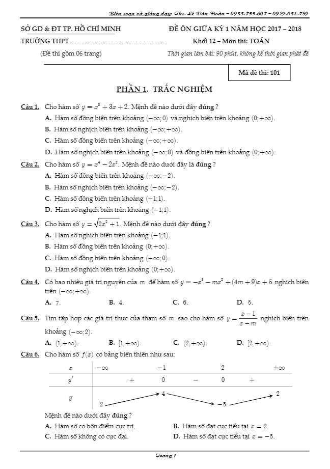 5 đề ôn tập giữa học kỳ 1 toán 12 năm học 2017 – 2018 – lê văn đoàn