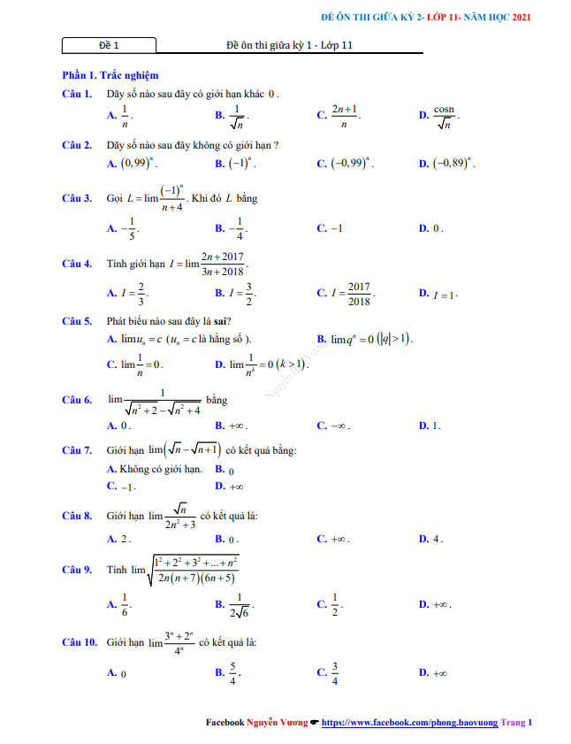 5 đề ôn thi giữa kỳ 2 toán 11 có đáp án và lời giải – nguyễn bảo vương