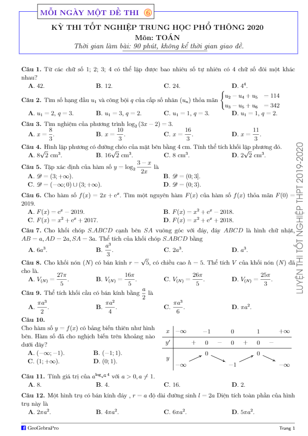 5 đề phát triển đề minh họa kỳ thi tốt nghiệp thpt 2020 môn toán (phần 2)