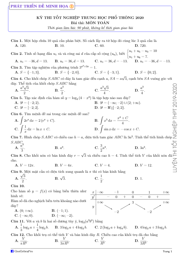 5 đề phát triển đề minh họa kỳ thi tốt nghiệp thpt 2020 môn toán