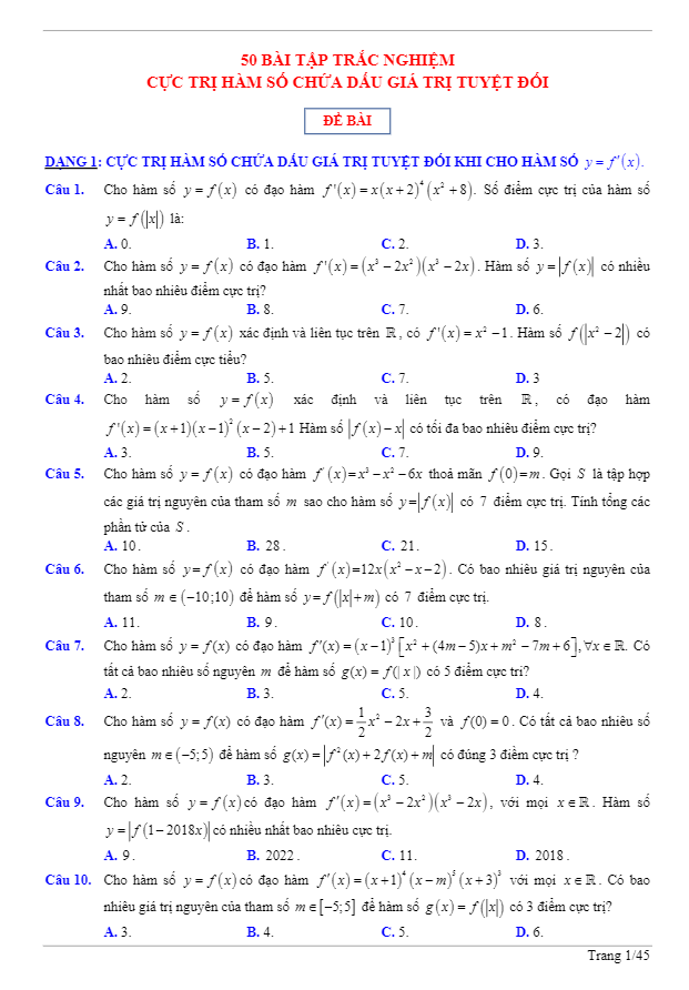 50 bài tập trắc nghiệm cực trị hàm số chứa dấu giá trị tuyệt đối