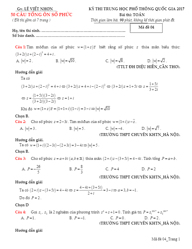 50 câu trắc nghiệm tổng ôn số phức có lời giải chi tiết – lê viết nhơn