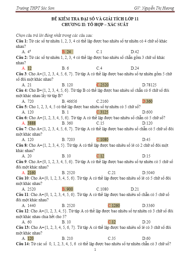 60 câu trắc nghiệm chuyên đề tổ hợp – xác suất – nguyễn thị hương