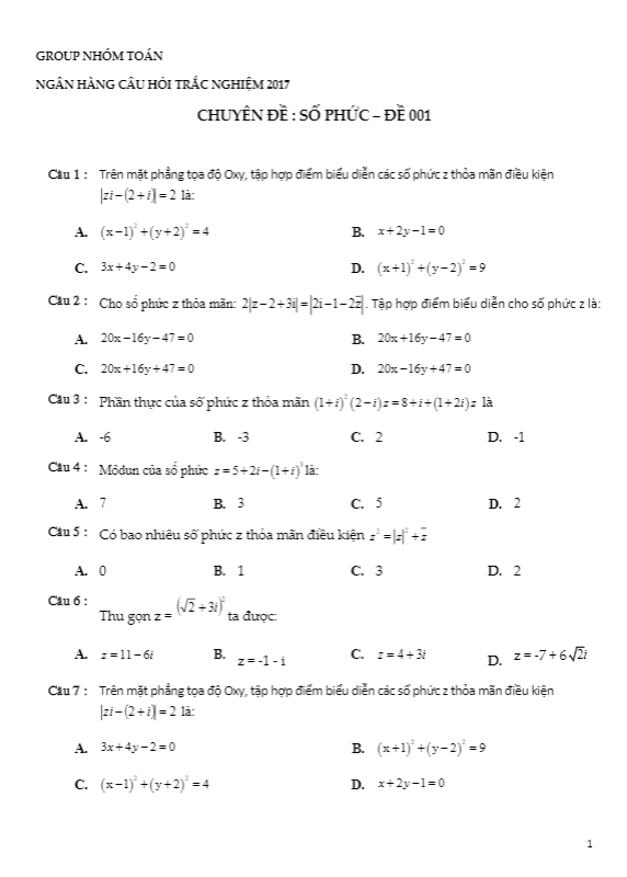 600 câu hỏi trắc nghiệm chuyên đề số phức – nhóm toán