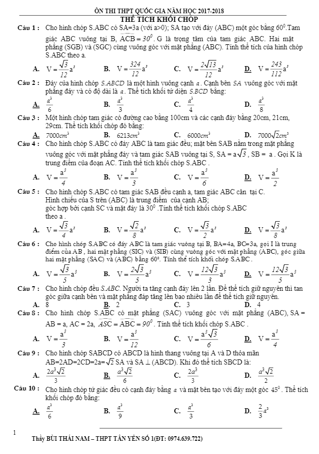 86 bài tập trắc nghiệm thể tích khối chóp có đáp án – bùi thái nam