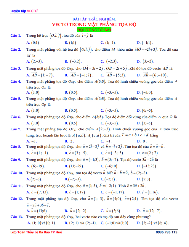 90 bài tập trắc nghiệm vectơ trong mặt phẳng tọa độ có đáp án và lời giải