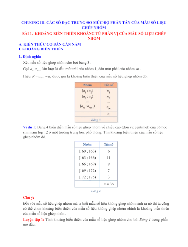 bài giảng các số đặc trưng đo mức độ phân tán cho mẫu số liệu ghép nhóm toán 12 cánh diều