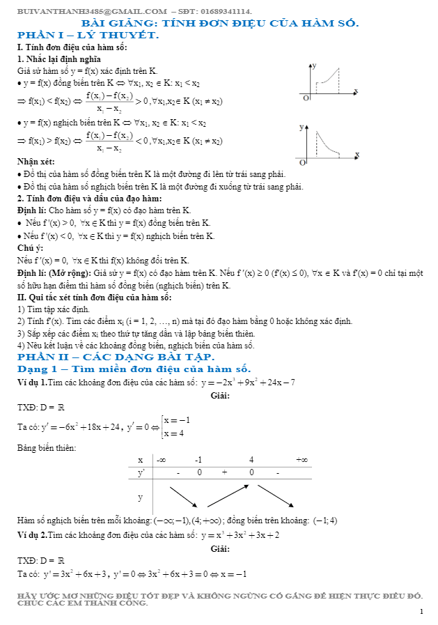 bài giảng tính đơn điệu của hàm số – bùi văn thanh